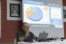 Imagem: O ex-reitor da UFC Jesualdo Pereira Farias ministrou a palestra "Superando desafios para a educação dos jovens" (Foto: Viktor Braga/UFC)