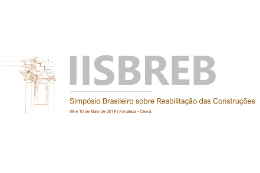 Imagem: logomarca do simpósio em cinza: II SBREB. Abaixo, as inscrições: Simpósio Brasileiro sobre Reabilitação das Construções. 9 e 10 de amio, Fortaleza-Ceará. Ao lado, um desenho de uma edificação. 