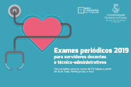 Imagem: arte de divulgação dos exames periódicos com ilustração de um coração e um estetoscópio ao redor