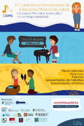 Imagem: Arte de divulgação do evento com informações e ilustrações de jovem ouvindo música com fones de ouvido, outro tocando piano, outros dois colocando discos de vinil numa vitrola 