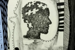 Imagem: gravura da exposição Panorâmica, onde se vê uma cabeça humana se desfazendo em peças de quebra-cabeça