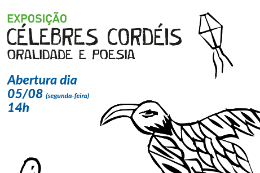 Imagem: arte de divulgação da exposição "Célebres cordéis", com xilogravura de um pássaro e um cacto