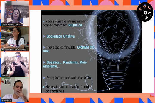 Imagem: Reprodução da tela de apresentação de uma das palestras principais dos Encontros Universitários 2020; há quatro pessoas em janelas à esquerda da imagem, e um slide no centro da tela (Imagem: Reprodução/CCM)