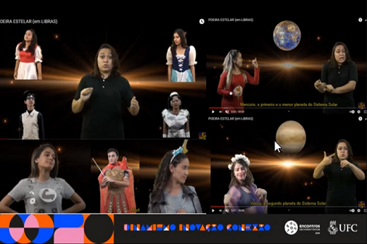 Imagem: Reprodução de tela da apresentação de um trabalho dos Encontros Universitários 2020; há várias pessoas em diferentes espaços da tela (Imagem: Reprodução/CCM)