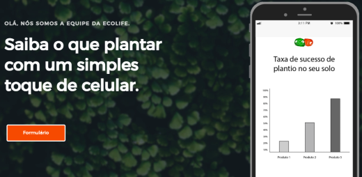Print do site da startup Ecolife com uma tela de celular mostrando um gráfico de barras
