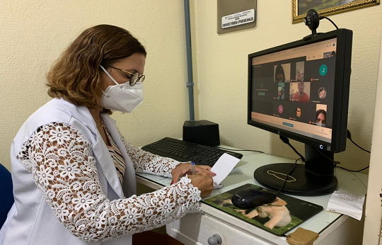 Imagem: Enfermeira sentada em frente a um computador, realizando atendimento virtual de pacientes (Foto: Divulgação/HUWC)