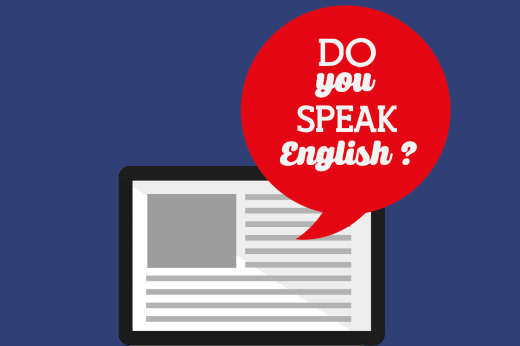 Tela de computador com um balão vermelho escrito com o diálogo "Do you speak English?"