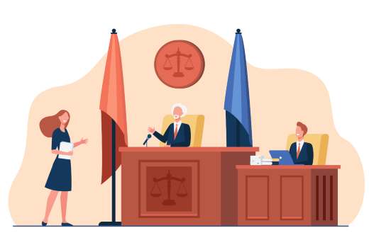 Ilustração de uma advogada em um tribunal perante o juiz e um promotor de justiça
