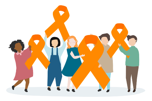 Imagem: Ilustração de cinco pessoas segurando laços na cor laranja