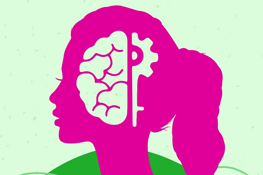 Imagem: fundo verde com perfil de uma mulher na cor rosa e o desenho de um cérebro com engrenagens