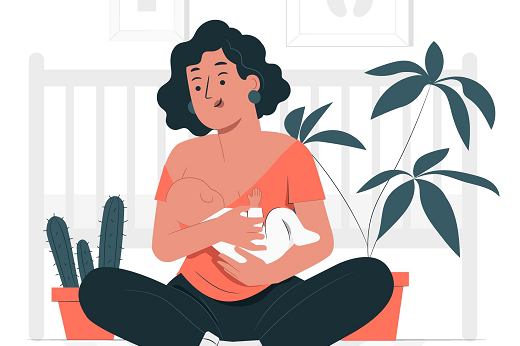 Imagem: desenho de uma mulher sentada amamentando um bebê