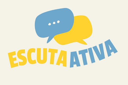 Imagem: Logomarca do projeto Escuta Ativa, com dois balões de fala e o nome do projeto, nas cores azul e amarelo (Imagem: Divulgação/Escuta Ativa)