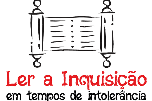 Imagem: Logo da exposição Ler a inquisição com letras vermelhas e o desenho de um rolo de pergaminho aberto