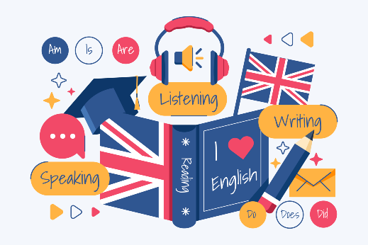 Imagem: desenho de um livro de inglês com bandeira da Inglaterra e outros elementos que identificam as habilidades de compreensão da língua inglesa, tais como escrita, áudio e fala