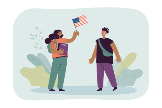 Ilustração de duas jovens estudantes negras segurando bandeira dos EUA