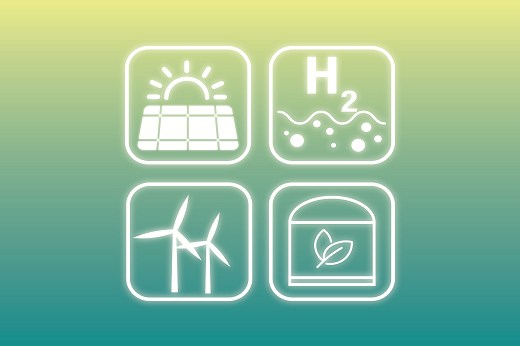Imagem: Ilustração representando energias limpas (solar, e eólica), hidrogênio e vegetação (Imagem: Pixabay)