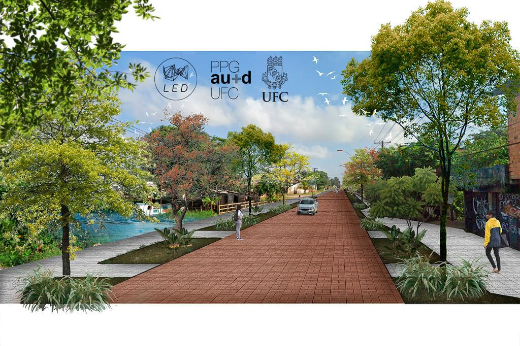 Imagem: Ilustração digital de um projeto de intervenção urbanística de drenagem com uma calçada arborizada para pedestres na margem de um rio