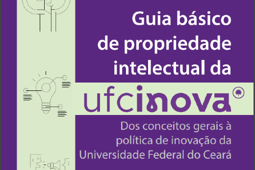 Imagem: sobre o fundo roxo, o nome Guia básico de propriedade intelectual da UFC Inova 