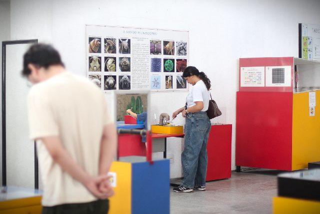Imagem: duas pessoas estão observando experiências em um museu interativo