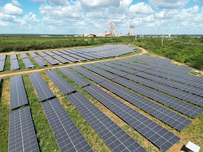 Imagem de várias placas solares reunidas em um campo gramado