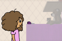 Imagem: desenho em 2d de uma menina de vestido rosa e cabelos ondulados castanhos. No desenho, a menina observa um passarinho roxo em cima de sua estante