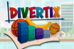 Imagem: Logo do jogo Divertix em caixa alta com cada letra com uma cor diferente. Abaixo, elementos lúdicos, como bola de basquete, peão e blocos em cima de um livro aberto
