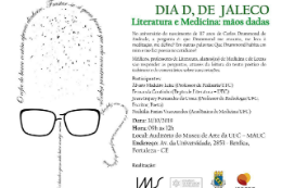 Imagem: cartaz do evento com rabusco do contorno do rosto de Drummond atrvés de frases dele. Ao lado, informações sobre a palestra