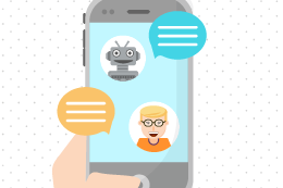 Imagem: ilustração de uma mão segurando um celular com a tela mostrando uma conversa entre um robô virtual e uma pessoa