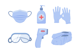 Ilustrações de equipamentos de proteção individual, que são uma máscara, um pote de álcool em gel, um par de luvas, óculos de proteção, termômetro e protetor de calçados 