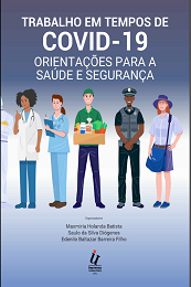 Imagem: Capa do e-book com orientações contra a covid-19. Há ilustrações de um médico, uma enfermeira, um entregador de alimentos, um policial e uma estudante