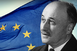 Imagem de Jean Monnet com o fundo da bandeira da União Europeia 