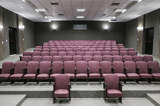 Imagem: (Foto do cinema que fica na Casa Amarela Eusélio Oliveira. Na foto, vê-se sequências de poltronas roxas, com fundo verde (Foto: Ribamar Neto/UFC)