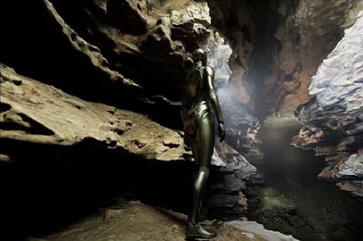 Imagem: Foto mostra personagem digital dentro de uma caverna em experiência de realidade virtual. (Foto: Acervo LABVIS)