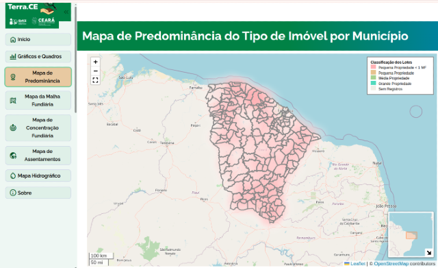 Imagem: Mapa do estado do Ceará mostrando, por município, o tipo de imóvel rural predominante, com destaque para pequenas propriedades.