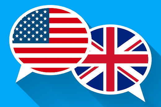 Imagem: bandeiras dos Estados Unidos e da Grã-Bretanha dentro de balões de conversação