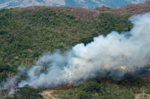 Imagem: Foto aérea mostra área verde ao fundo com foco de incêndio na parte inferior e uma grande fumaça branca tomando boa parte da fotografia (Foto: Instituto Matutu)