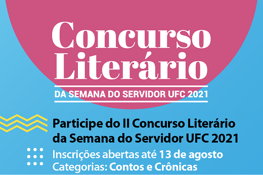 Imagem: arte com o nome "Concurso Literário" em destaque e informações sobre prazo de inscrição até 13 de agosto