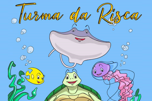 Imagem: capa da cartilha onde se vê ilustrações de uma arraia, uma tartaruga marinha, um peixe e uma água-viva