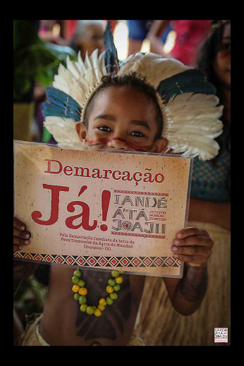 Imagem: foto de uma criança indígena segurando um cartaz pedindo a demarcação de terras