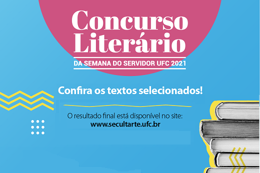 Imagem: arte de divulgação do resultado do concurso com informações e imagem de uma pilha de livros