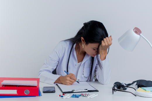Imagem: Médica sentada na mesa com mão na testa, demonstrando cansaço