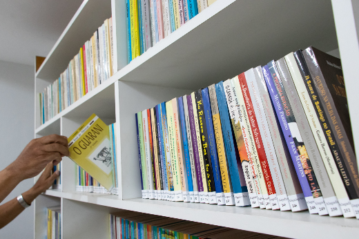 Imagem: estante com livros já publicados pela Coleção Alagadiço Novo
