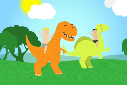 Imagem: desenhos de dinossauros em campo verde
