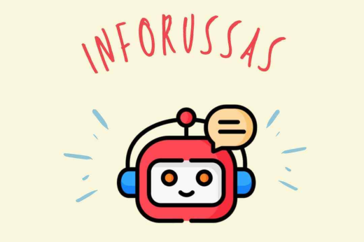 Imagem: Marca do projeto Inforussas traz a ilustração de um robô nas cores vermelha e azul 