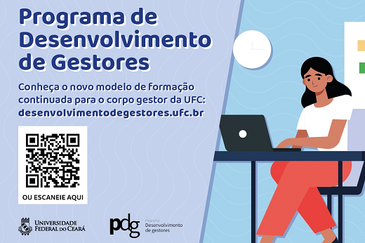 Imagem: arte do Programa de Desenvolvimento de Gestores com ilustração de uma mulher sentada a uma mesa com um notebook à frente