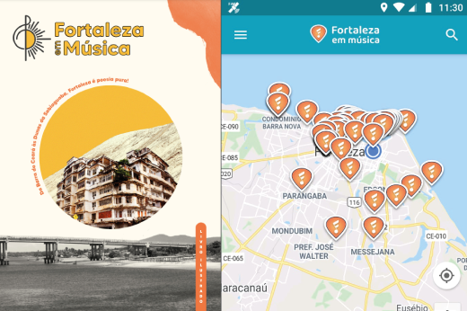 Imagem: À esquerda, imagem da capa do livro inspirado em composições musicais; à direita, o mapa com canções identificadas com locais de Fortaleza (Imagem: divulgação)