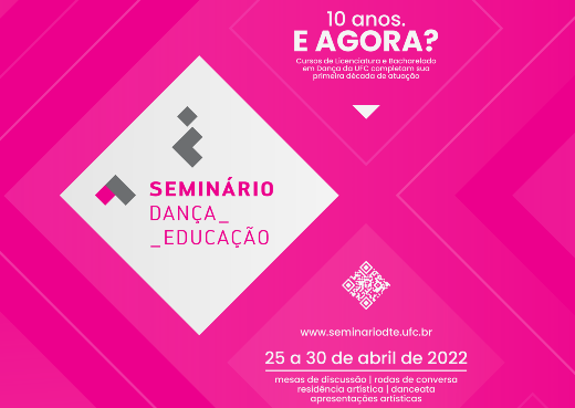 Imagem: Logo do seminário Dança_Educação, com fundo rosa e letras na cor branca. 