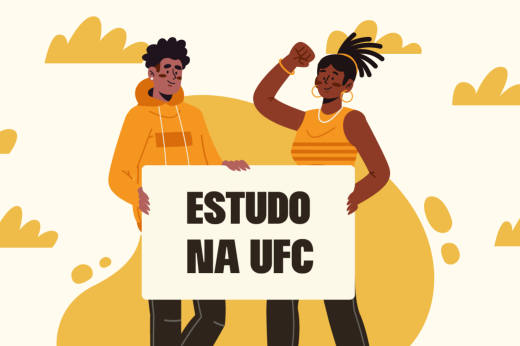 Imagem: Ilustração com dois jovens negros segurando um cartaz onde se lê "Estudo na UFC"