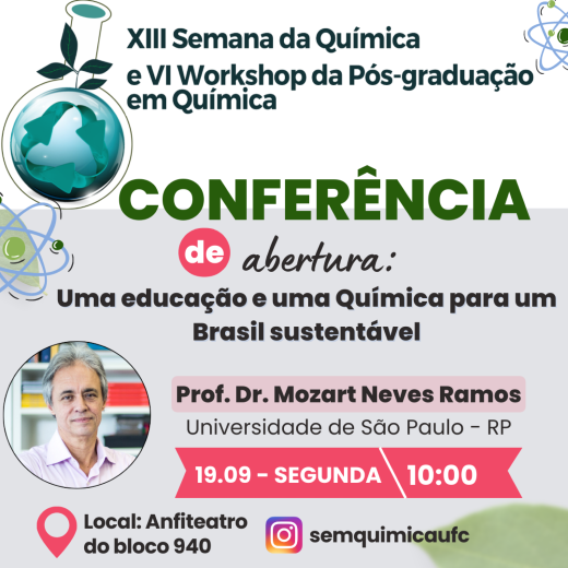 A programação contará ainda com palestras, mesas-redondas, oficinas, minicursos, apresentação de trabalhos, show de talentos e visitação de escolas públicas aos laboratórios dos departamentos de Química da UFC (Imagem: Divulgação)