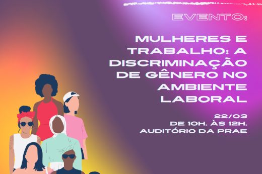Imagem: Cartaz com fundo lilás com tema da palestra e À esquerda imagem de mulheres